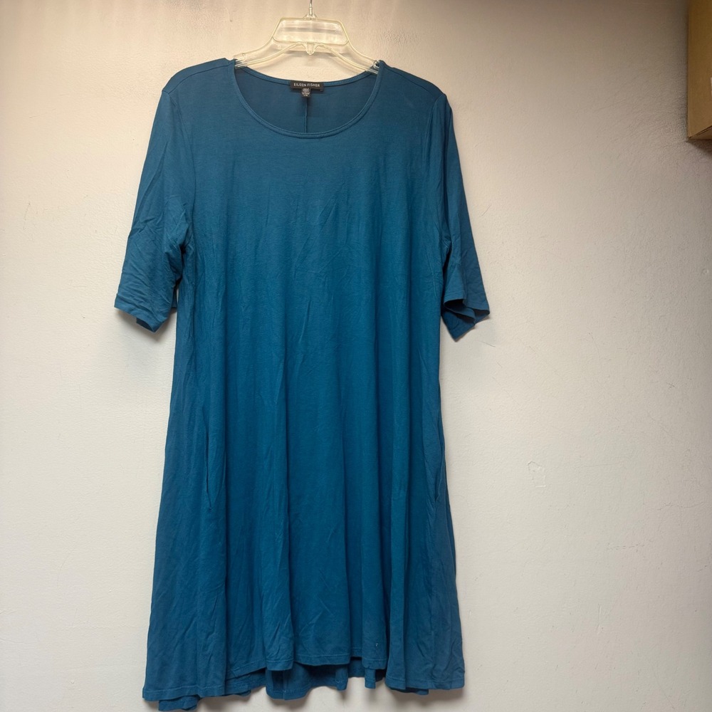 Eileen Fisher Tunic Dress Womens L Blue Excellent Viscose Jersey A-Line Scoop
